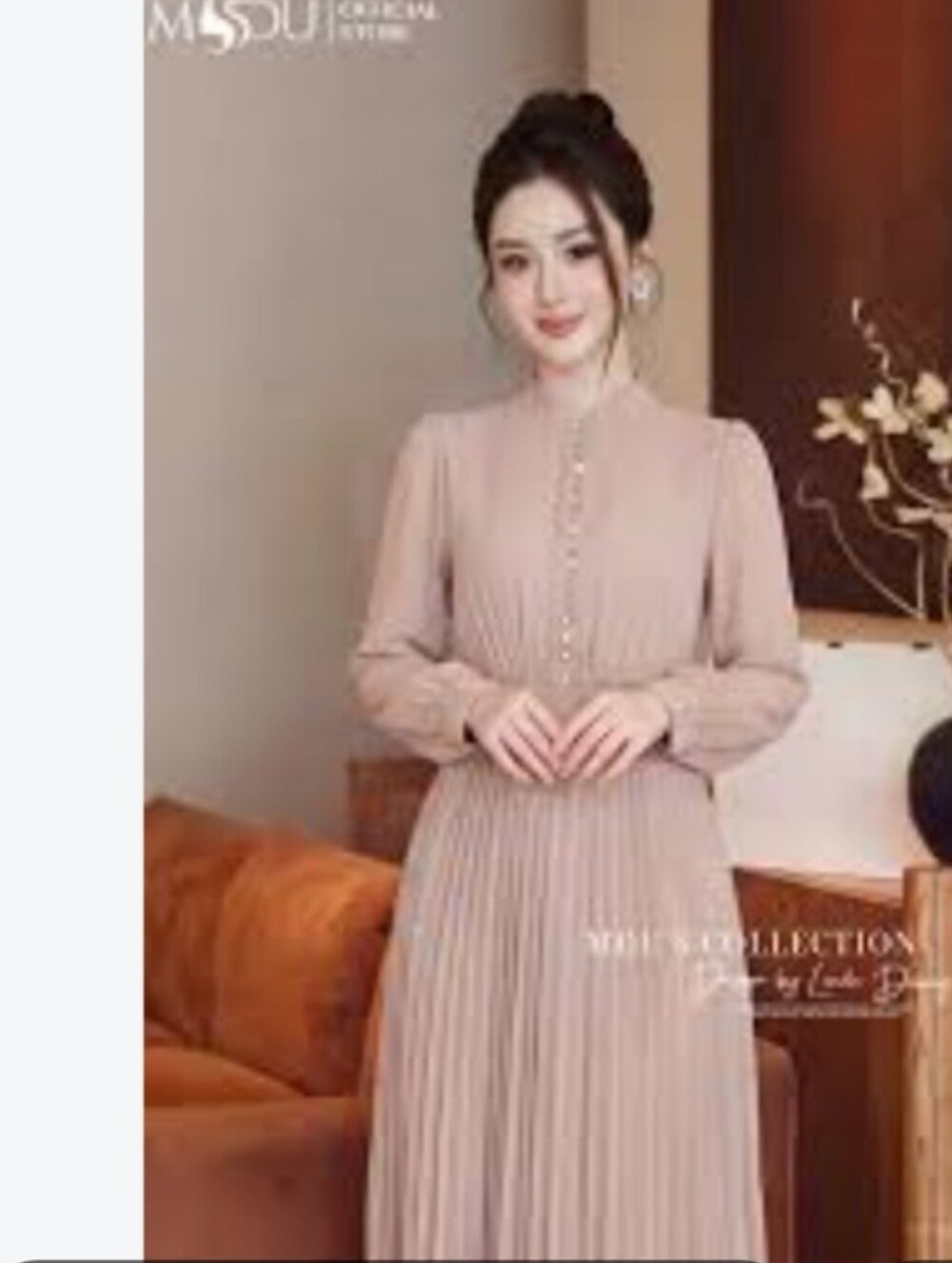 High-Neck Pleated Long-Sleeve Midi Dress in Blush Pink